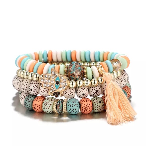 Bohemian crystal tassel bracelet set stack hamsa - Picture 1 of 3